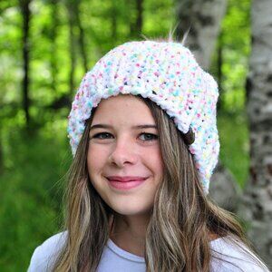 Handmade Knit Hat in Pastel Colours with Faux Fur Pompom, Made in Canada